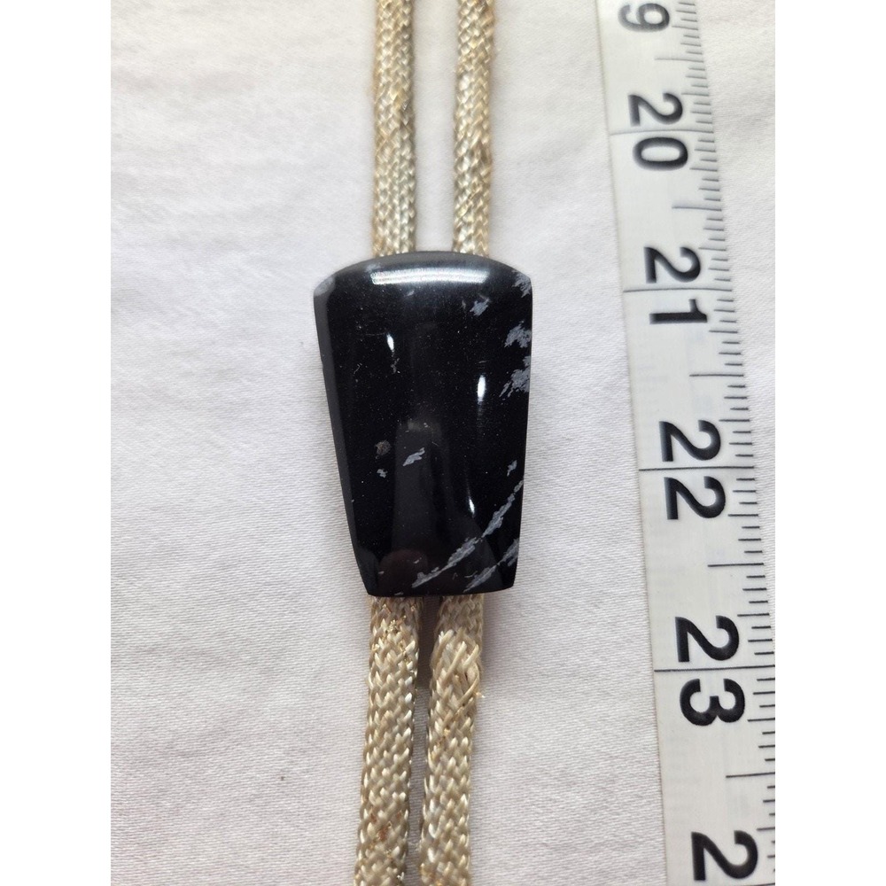 Men's Silver Black Agate Bolo Tie Asymmetrical Black Stone Cord Metal 27in - Picture 2 of 3